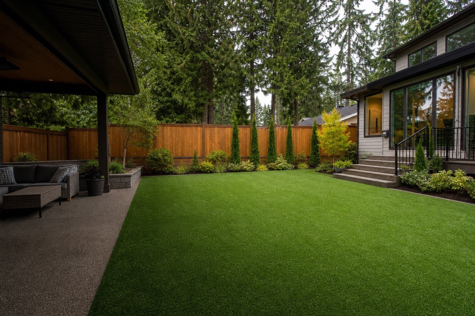 Freshly installed artificial grass lawn in a Langley, BC backyard with a cedar fence and evergreens